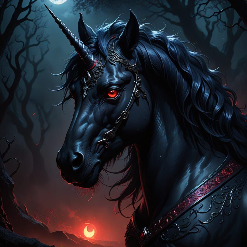 Majestic Black Unicorn Resting in Gothic Shadows