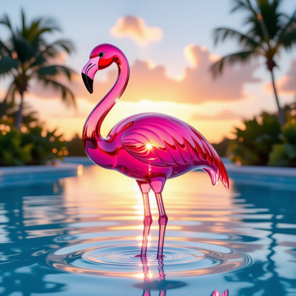 Pink Glass Flamingo in Blue Lagoon at Sunrise