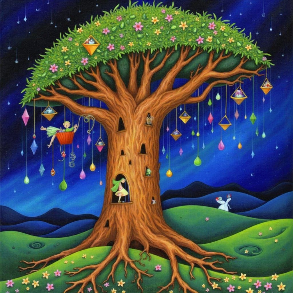 Ancient Cosmic Tree With Starry Roots And Nebula Sky