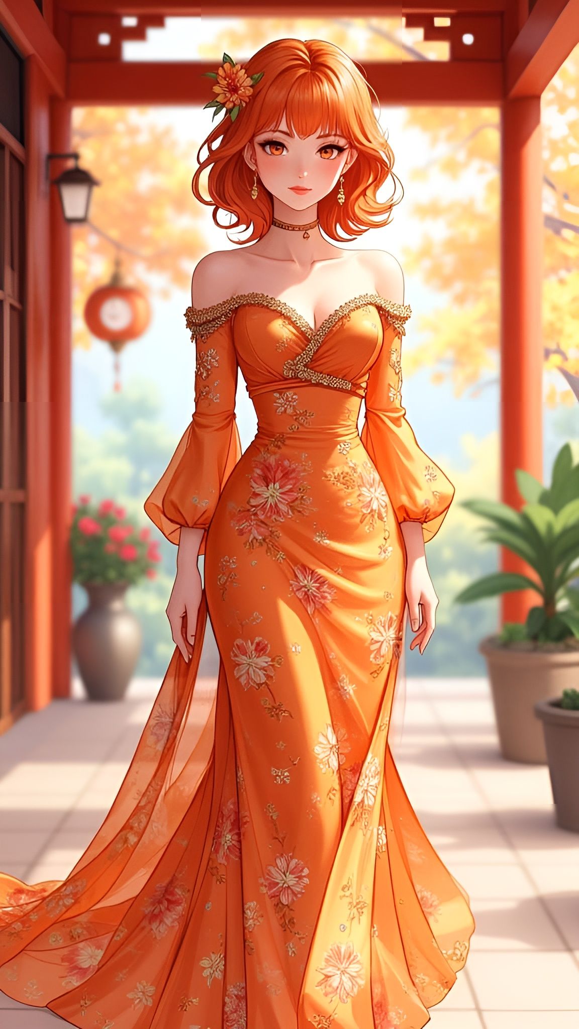 Elegant Anime Woman in Flowing Orange Dress
