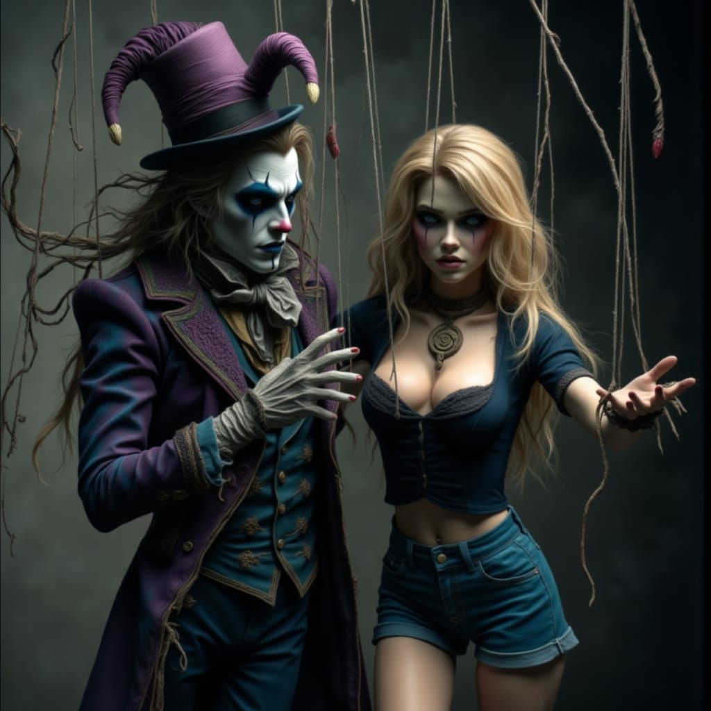 Jester Puppet Controls Scared Woman in Realistic Style