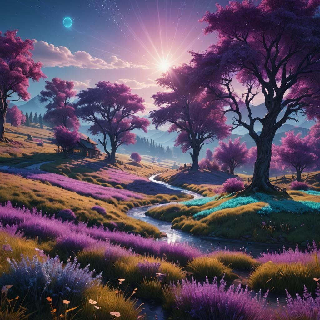 Turquoise Fields under Purple Sun: Fantasy Landscape Art