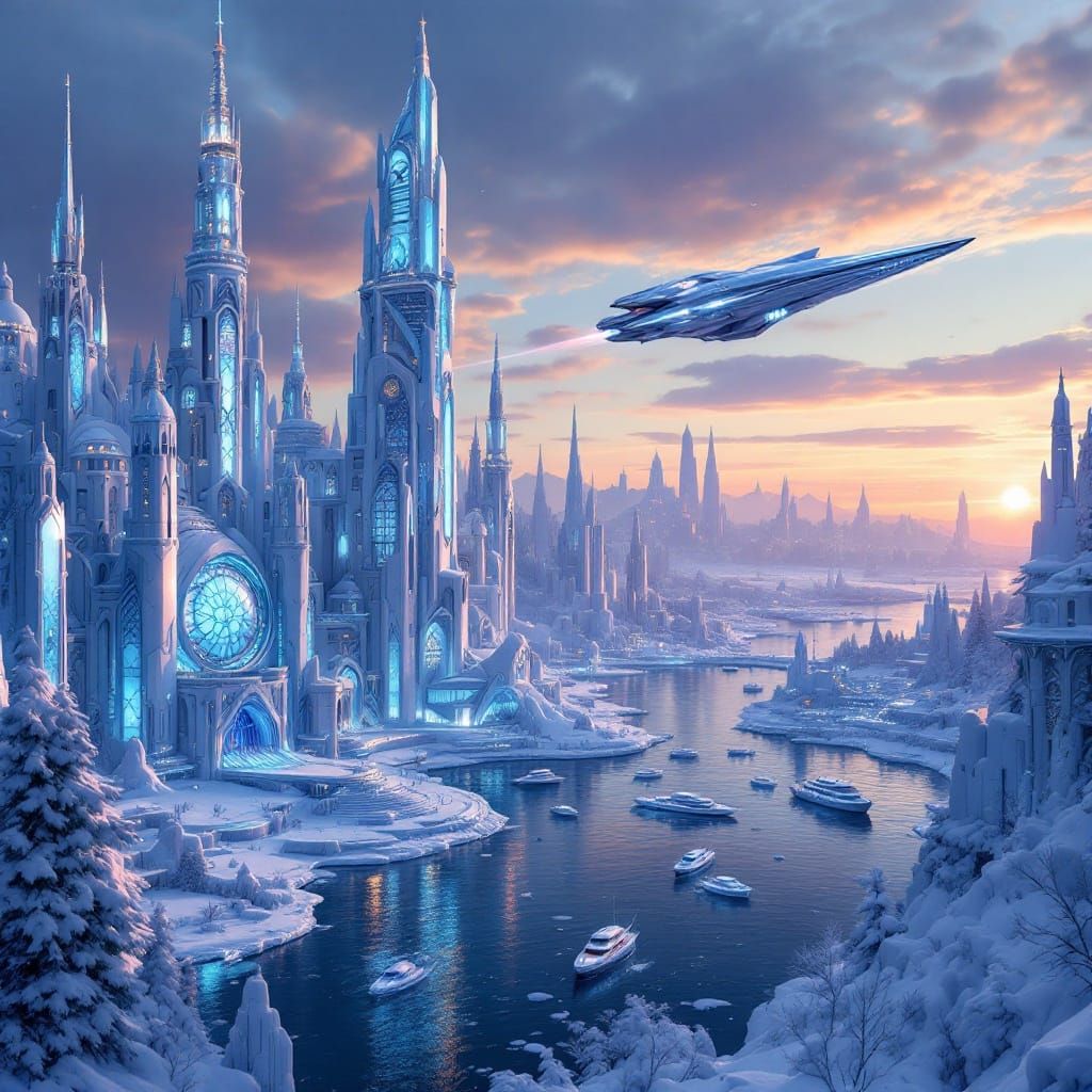 Futuristic Winter Kingdom with Majestic Ice Art Deco Archite...