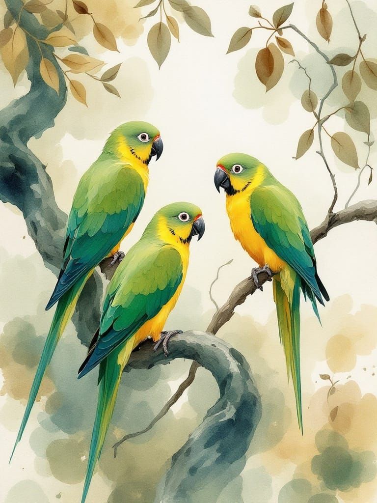 Vibrant Green Parrots Perched in a Dreamy Autumn Landscape