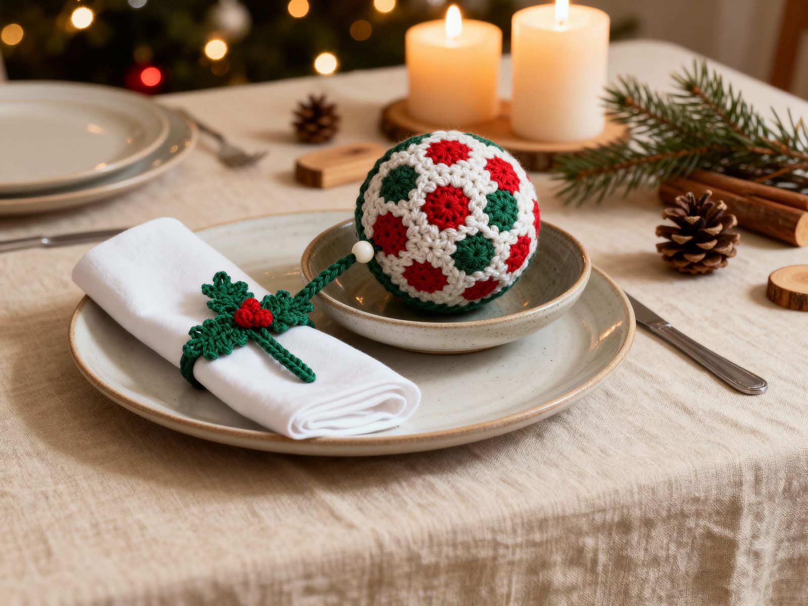 Cozy Christmas Table Setting with Crochet Ball & Holly