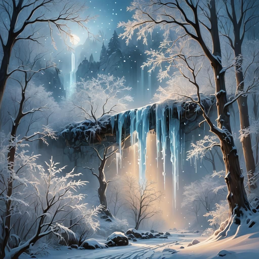 Ethereal Frozen Waterfall in Enchanted Winter Forest