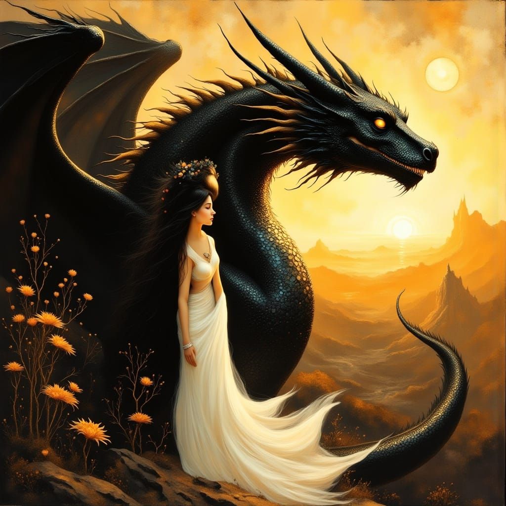 Majestic Woman Beside Detailed Black Dragon in Golden Hour L...