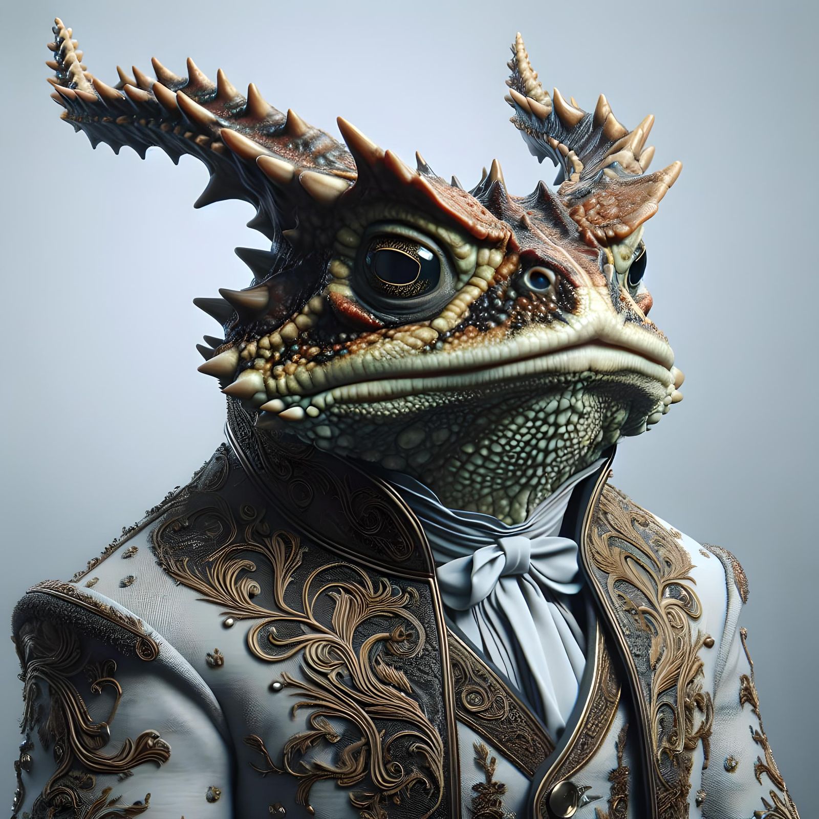 A horned toad man wearing an elaborately embroidered Victorian smoking jacket.