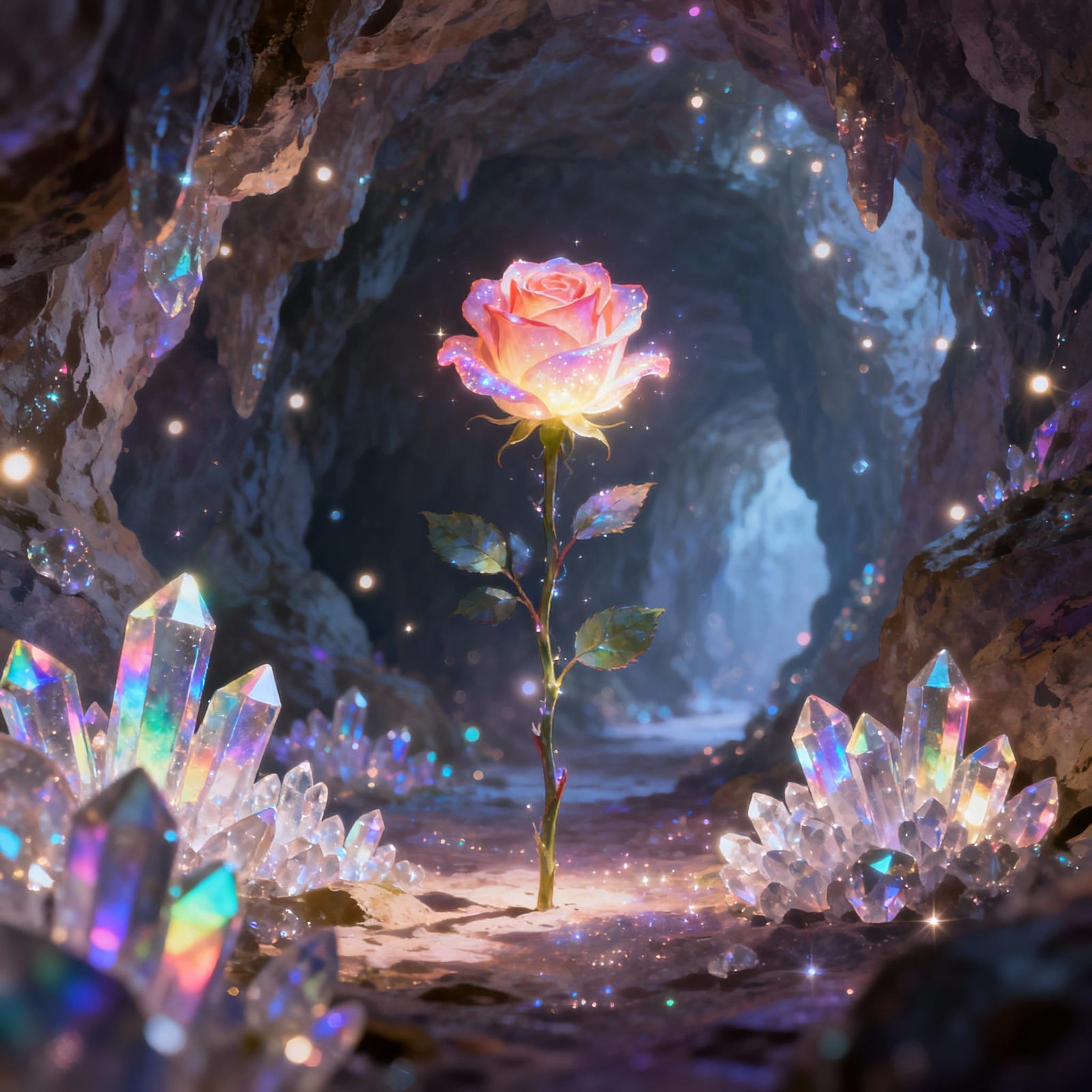 Magical Rose in Crystal Cave with Fantasy Lights