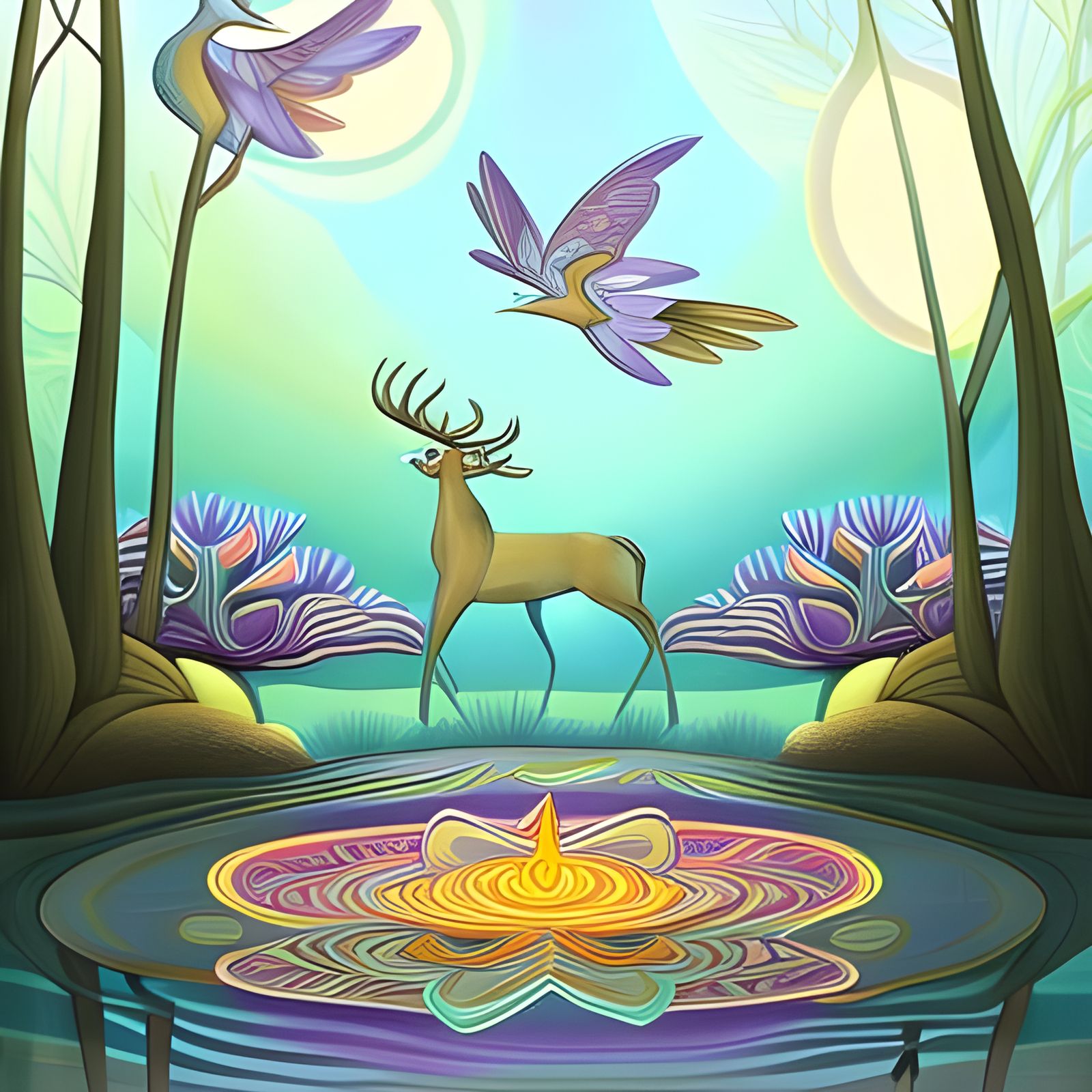 Magical Deer Drinking in Forest, Botanical Matte Painting