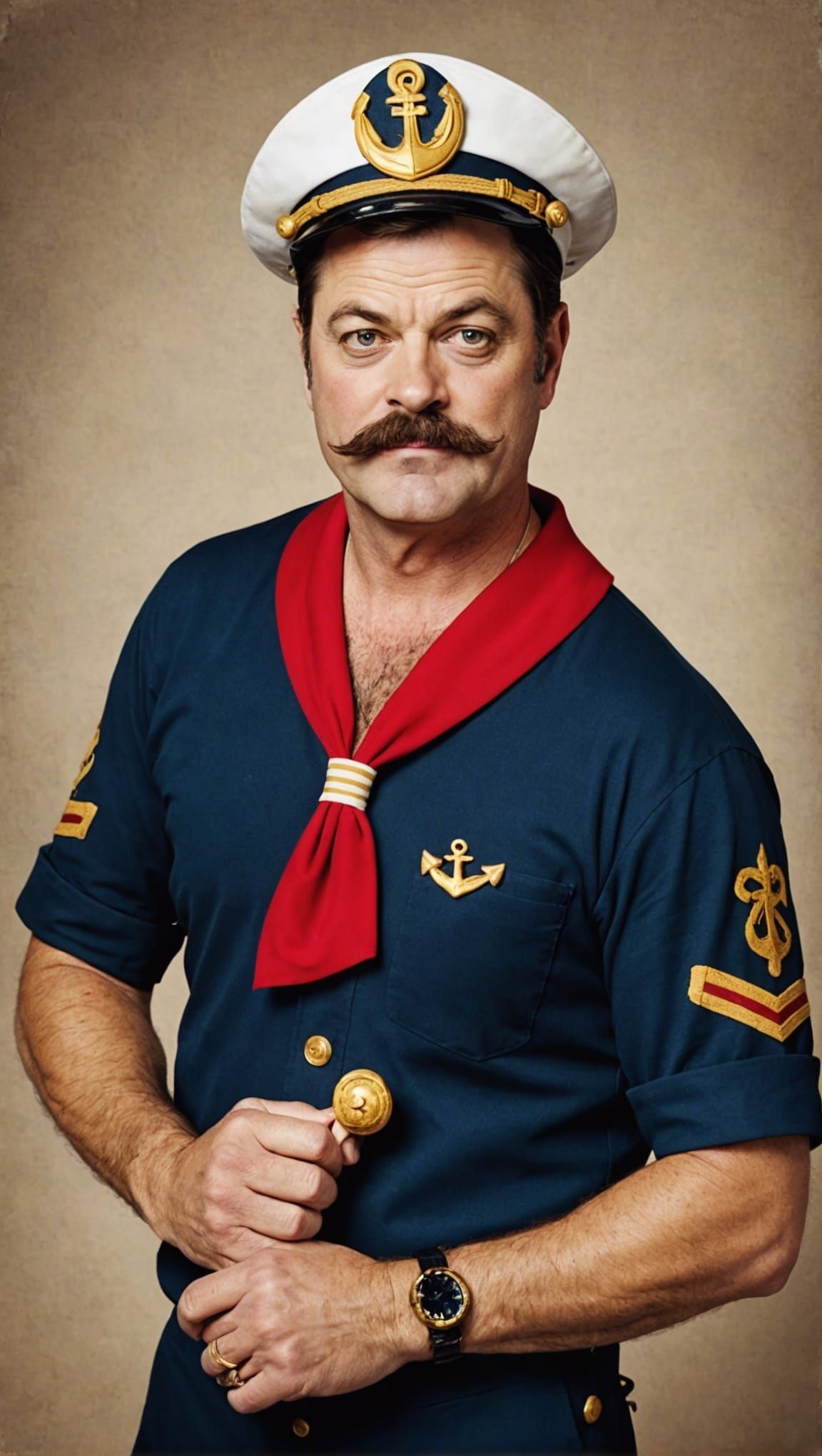 Nick Offerman with a robust mustache, dressed as a classic c...