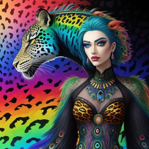 Colorful Woman with Dragon Scales and Peacock Hair