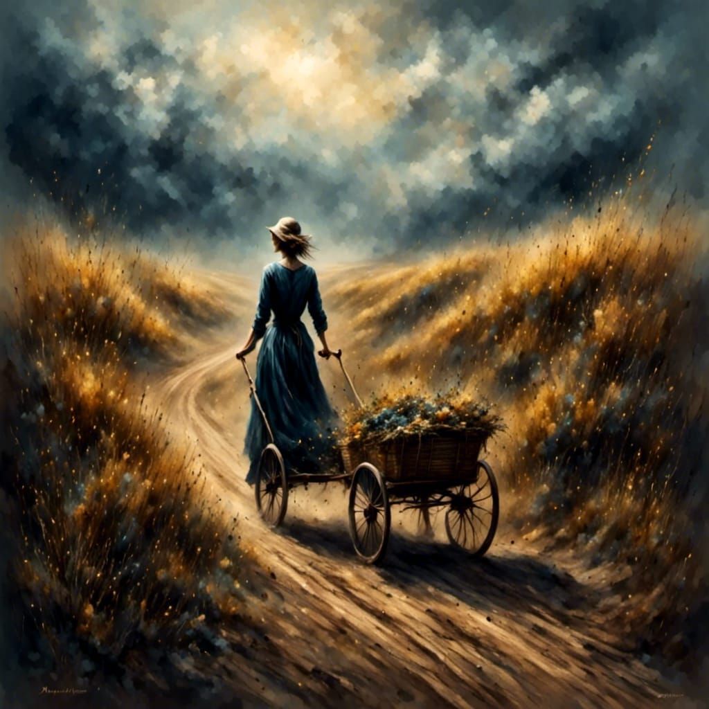 Woman Pushing Cart on Dirt Road in Dreamy Style
