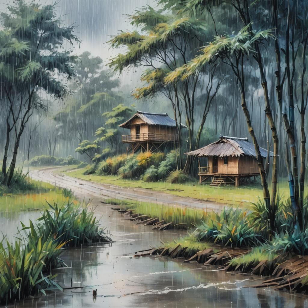 Impressionist Landscape with Windswept Trees and Hut