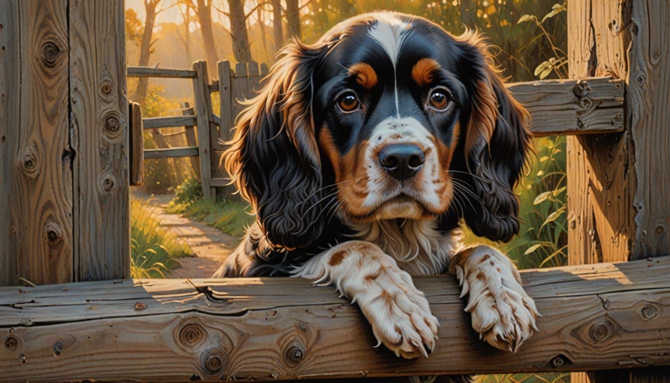 Spaniel Peeks Through Fence as Impressionist Oil Painting