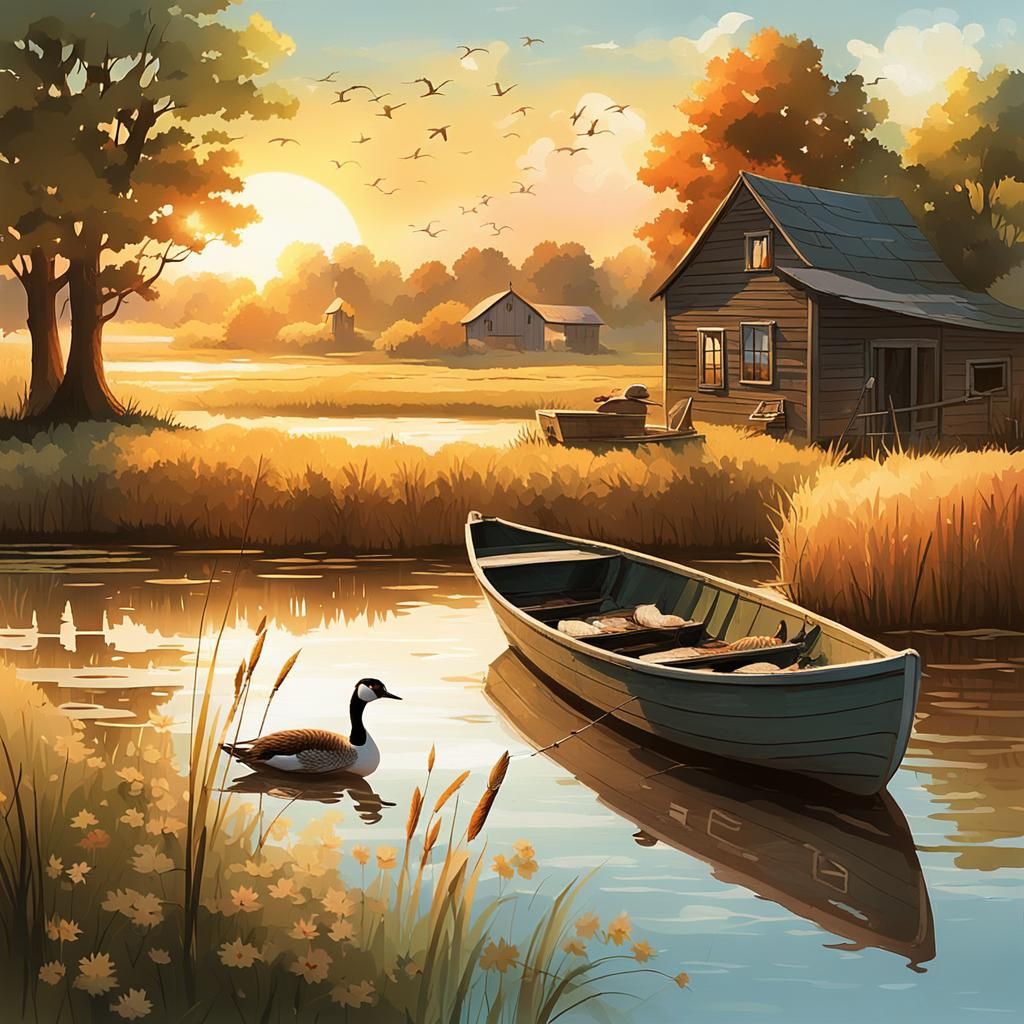 Tranquil Farm Pond at Sunset: Digital Illustration