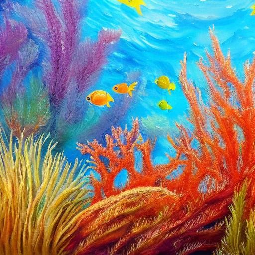 Sea Mice Explore Coral Reef: Impressionist Oil Painting