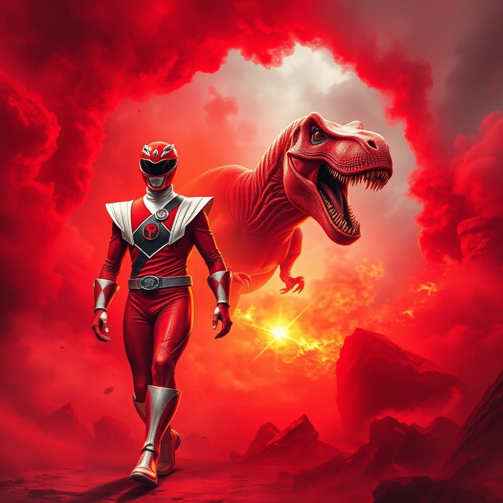 Red Power Ranger and T-Rex in Comic Book Style