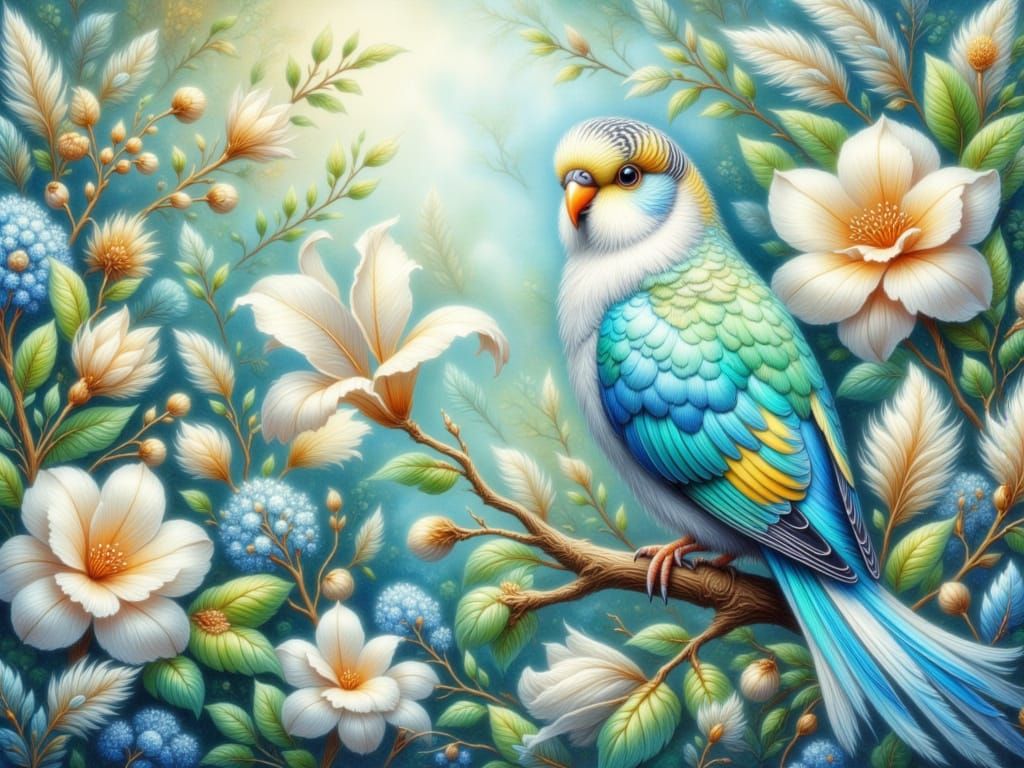 Vibrant Budgerigar in Dreamy Forest, Watercolor and Airbrush...