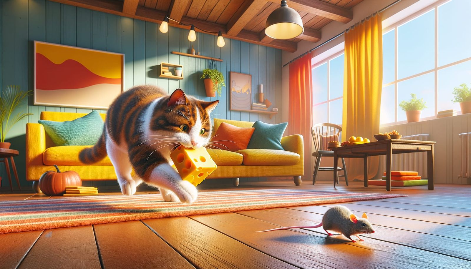 Cat and Mouse Chase in Sunny Living Room