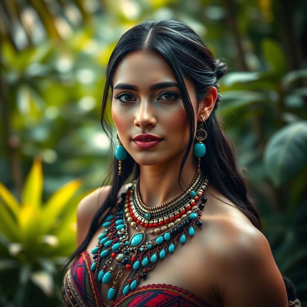 Regal Mayan Princess in Vibrant Jungle Attire