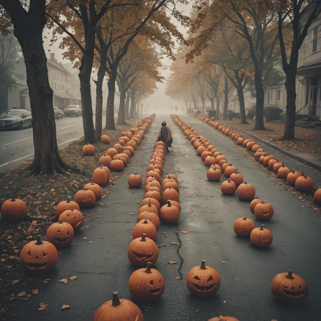 Misty Morning Street Lined with Carved Pumpkins