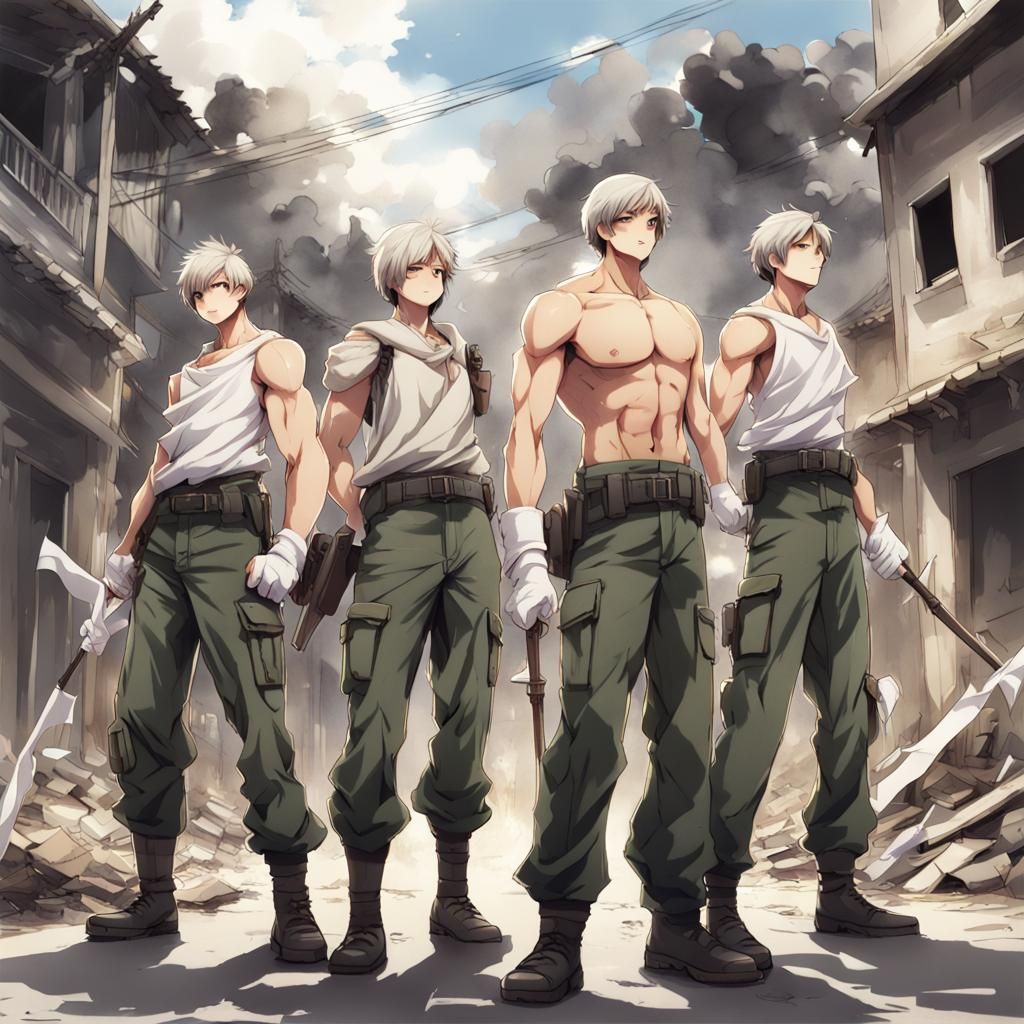 Soldiers Execute Captives in War-Torn Street, Anime Art