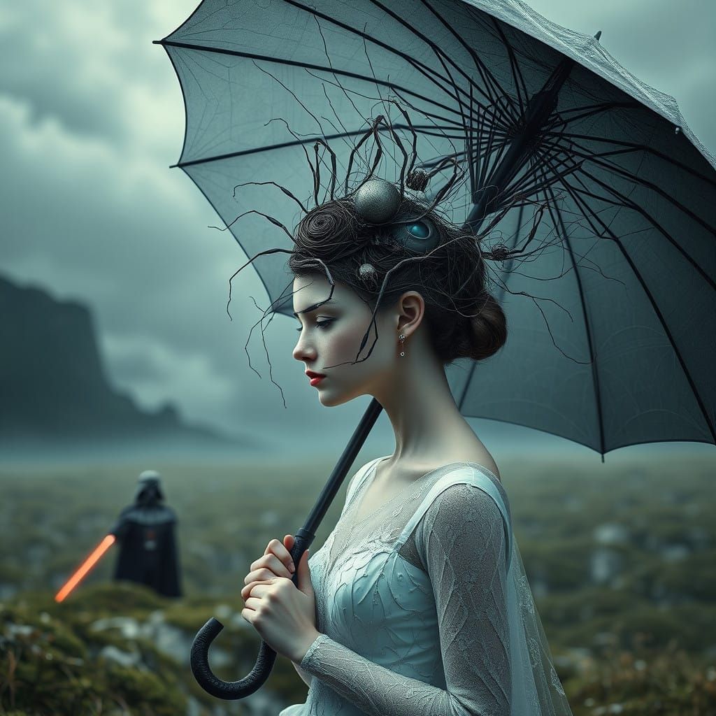 Cyberpunk Surreal Scene with Mechanical Girl and Umbrella