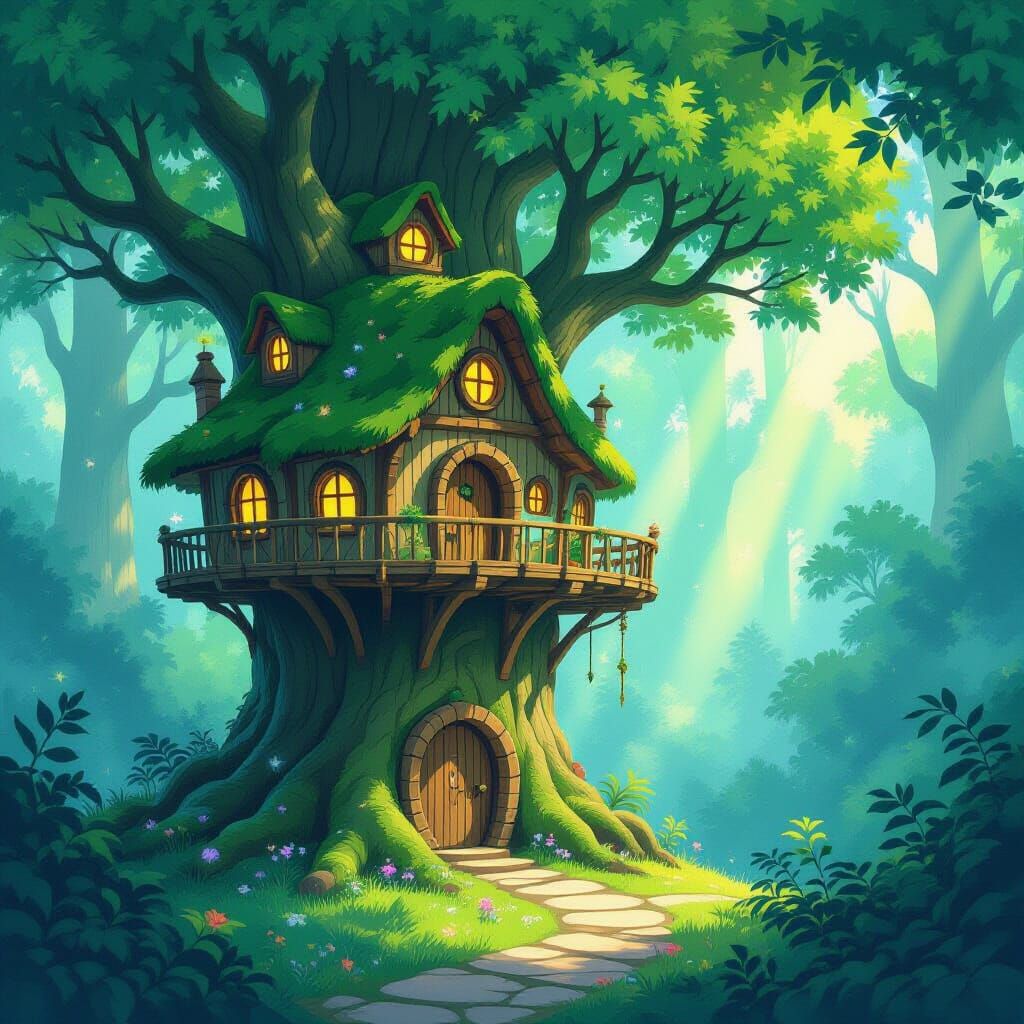 Enchanting Treehouse Village in Glowing Forest