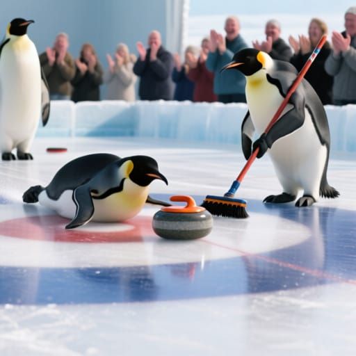 Penguins Play Curling on an Ice Rink