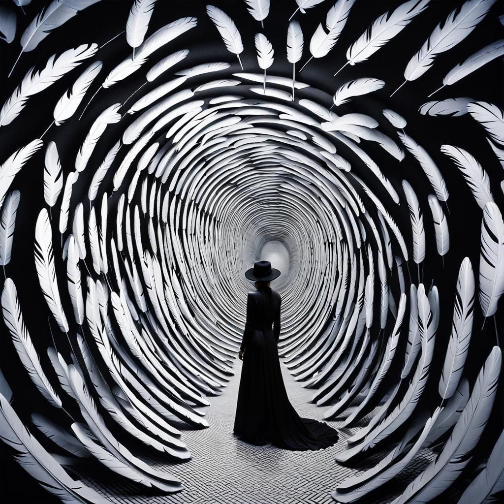 Mesmerizing Tunnel of Warped Statues and Crow Feathers