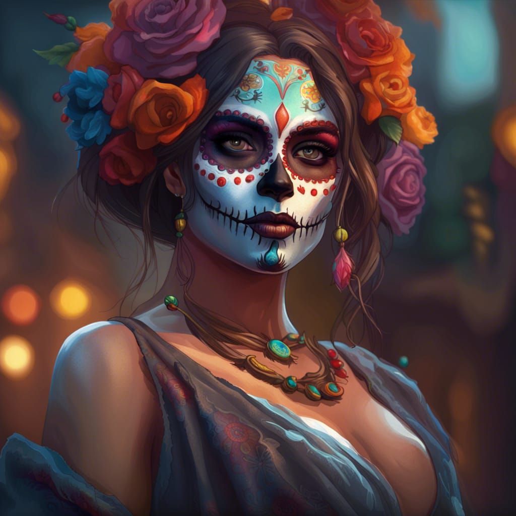 Day of the Dead Woman Portrait in Art Nouveau Style