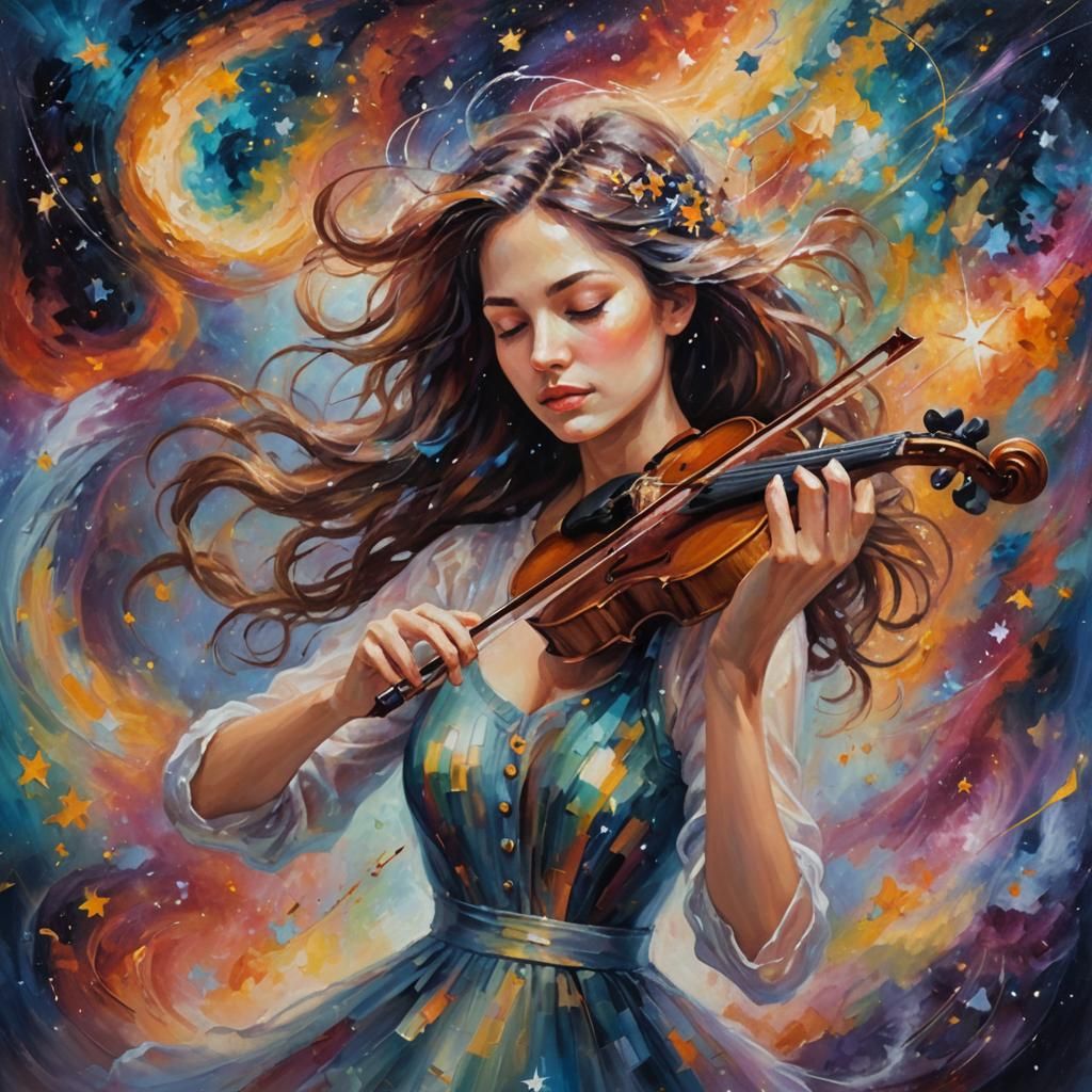 Nebula Violinist: Expressive Oil Painting with Galaxy Hues