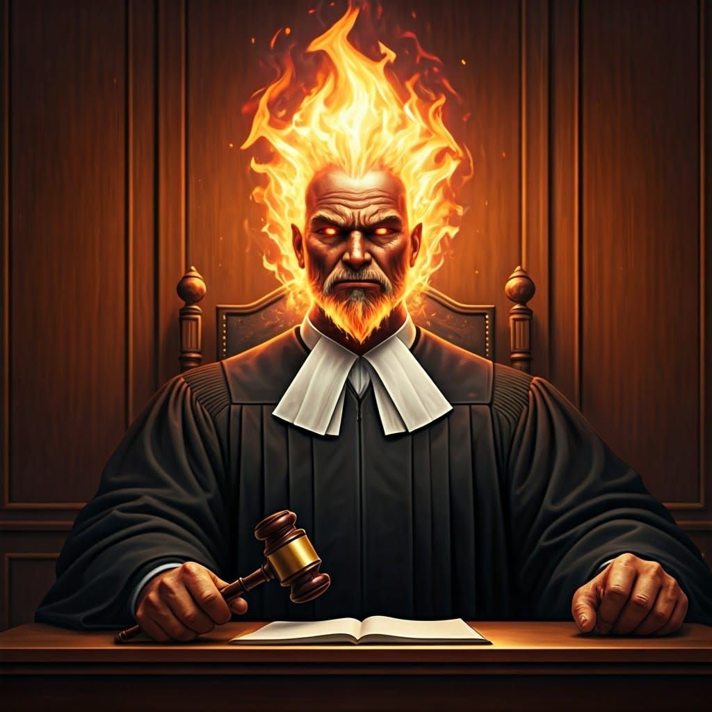 Flaming Fire God Judge in Courtroom
