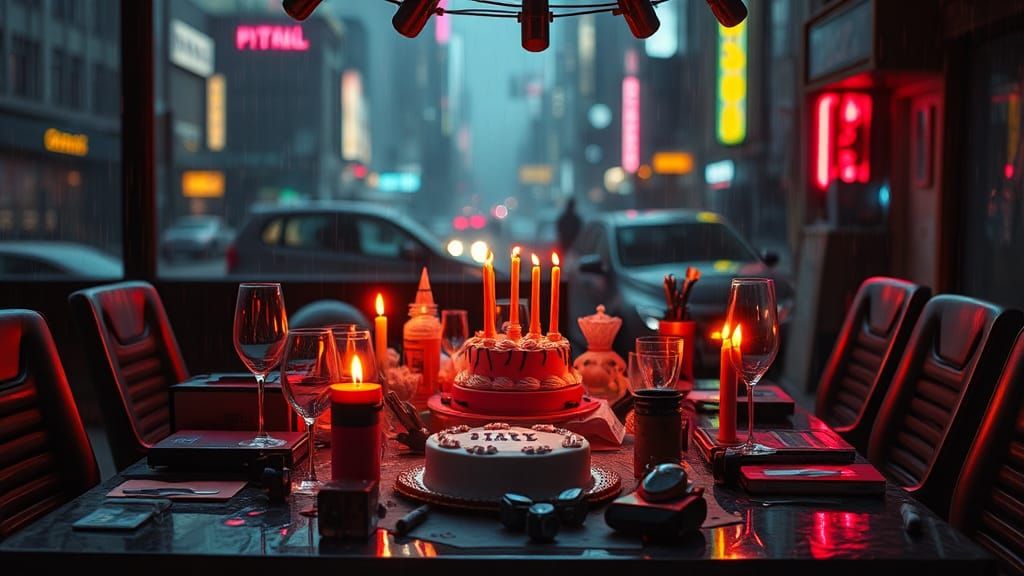 Cyberpunk Birthday Table in Dystopian Cityscape