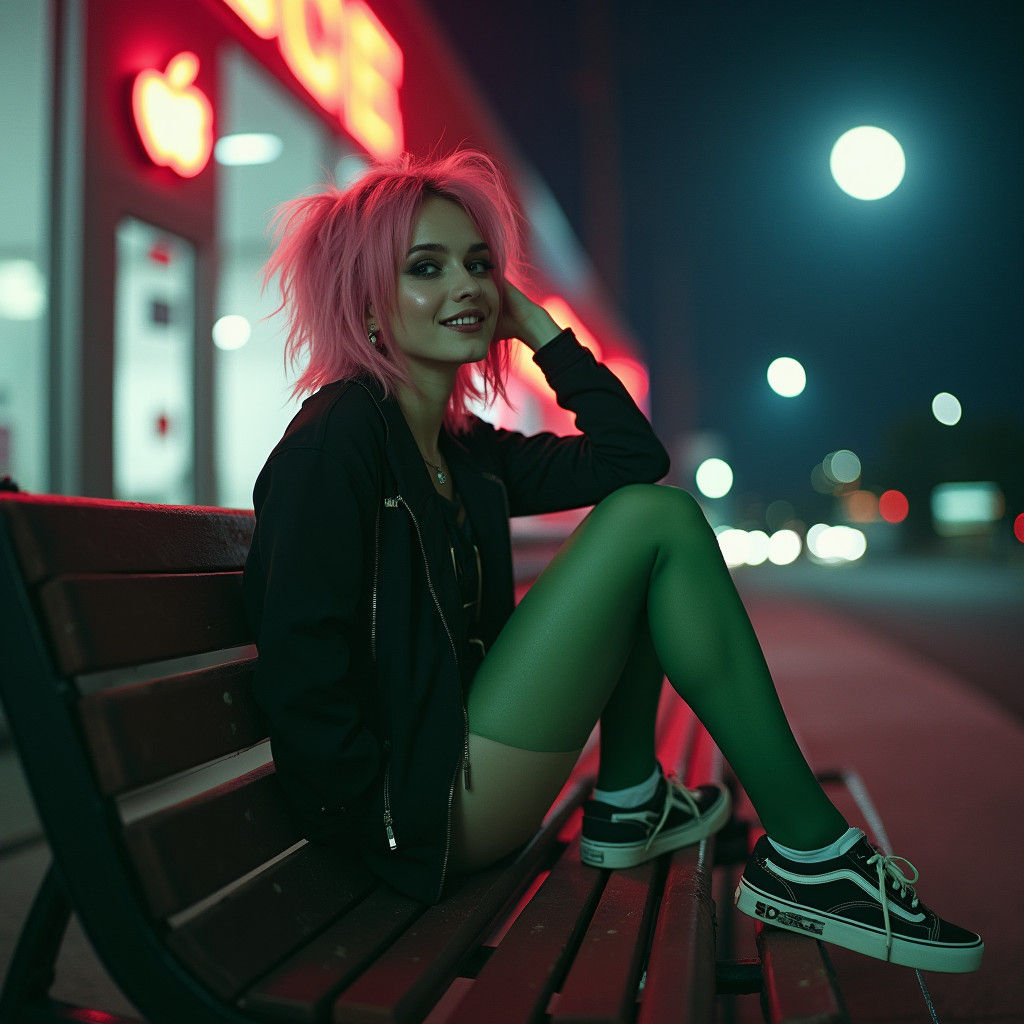 Goth Girl Lounging on Bench in Neon Cityscape
