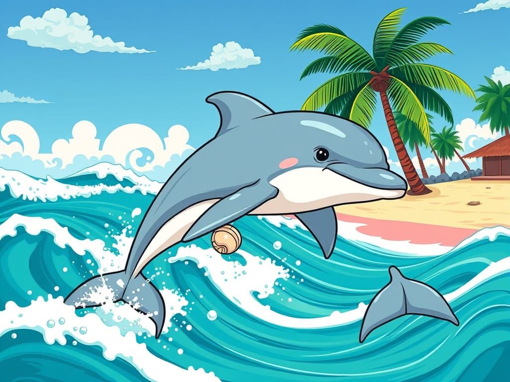 Dolphin with Seashell Necklace in Turquoise Ocean