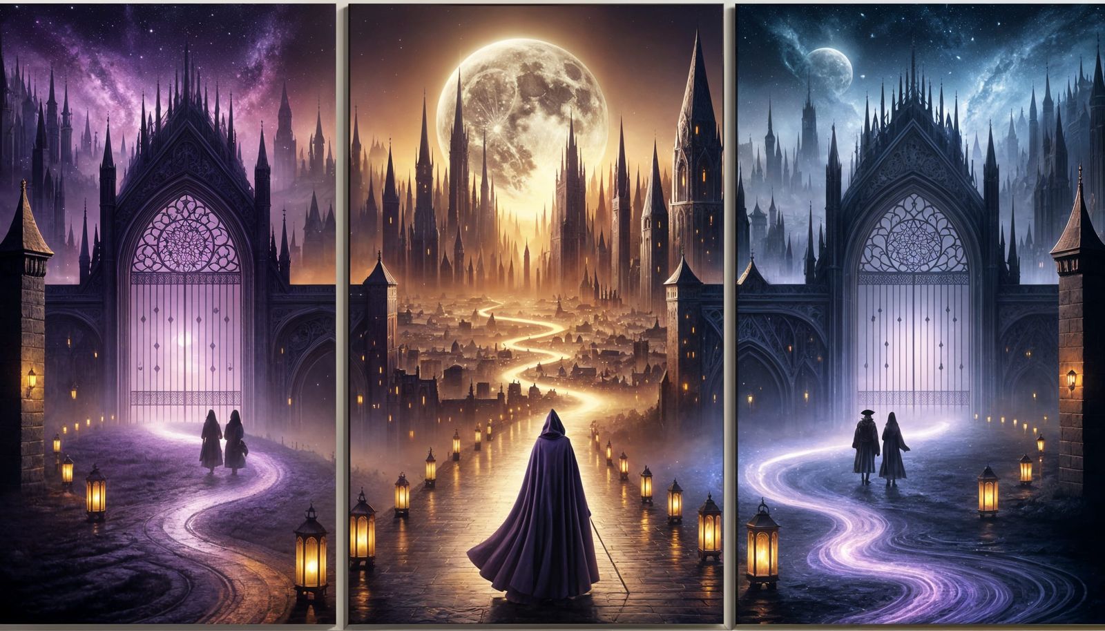 Triptych: Travelers at Moonlit Gothic City Gates