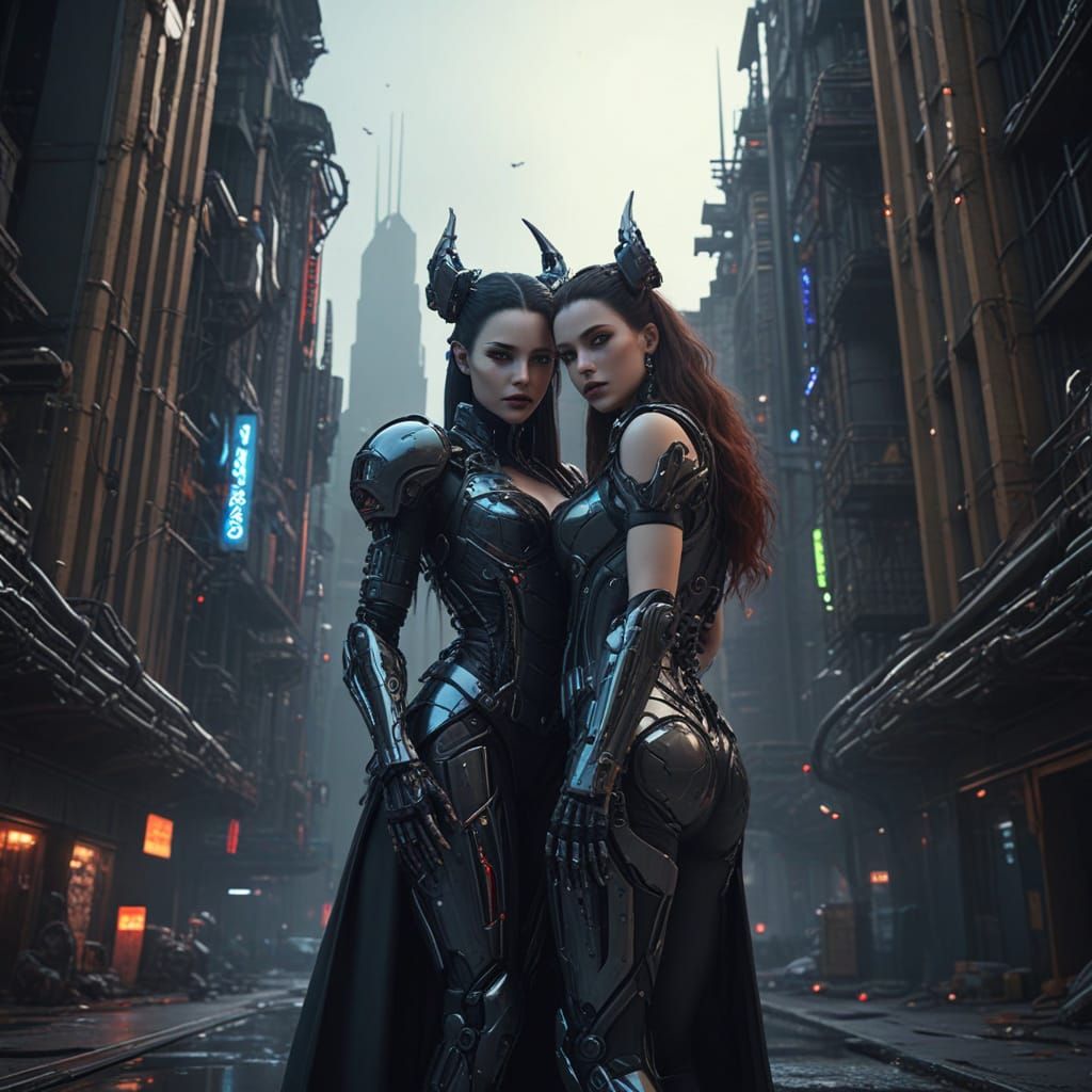 Gothic Sci-Fi Goddesses Unite in a Neon-Lit Metropolis