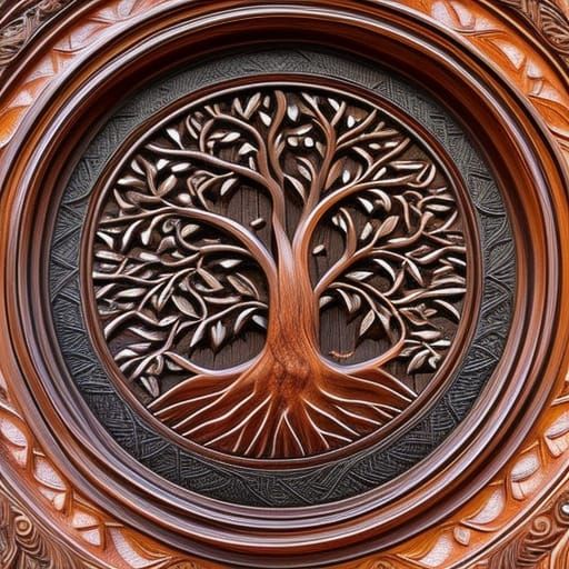 Intricate Wood Carving of a Bare Tree of Life