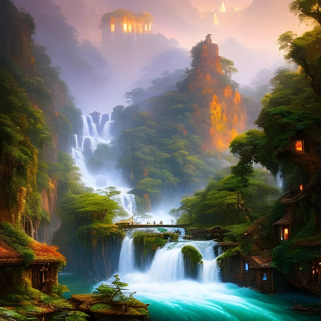 Madagascar Village on Waterfalls: Oil Painting