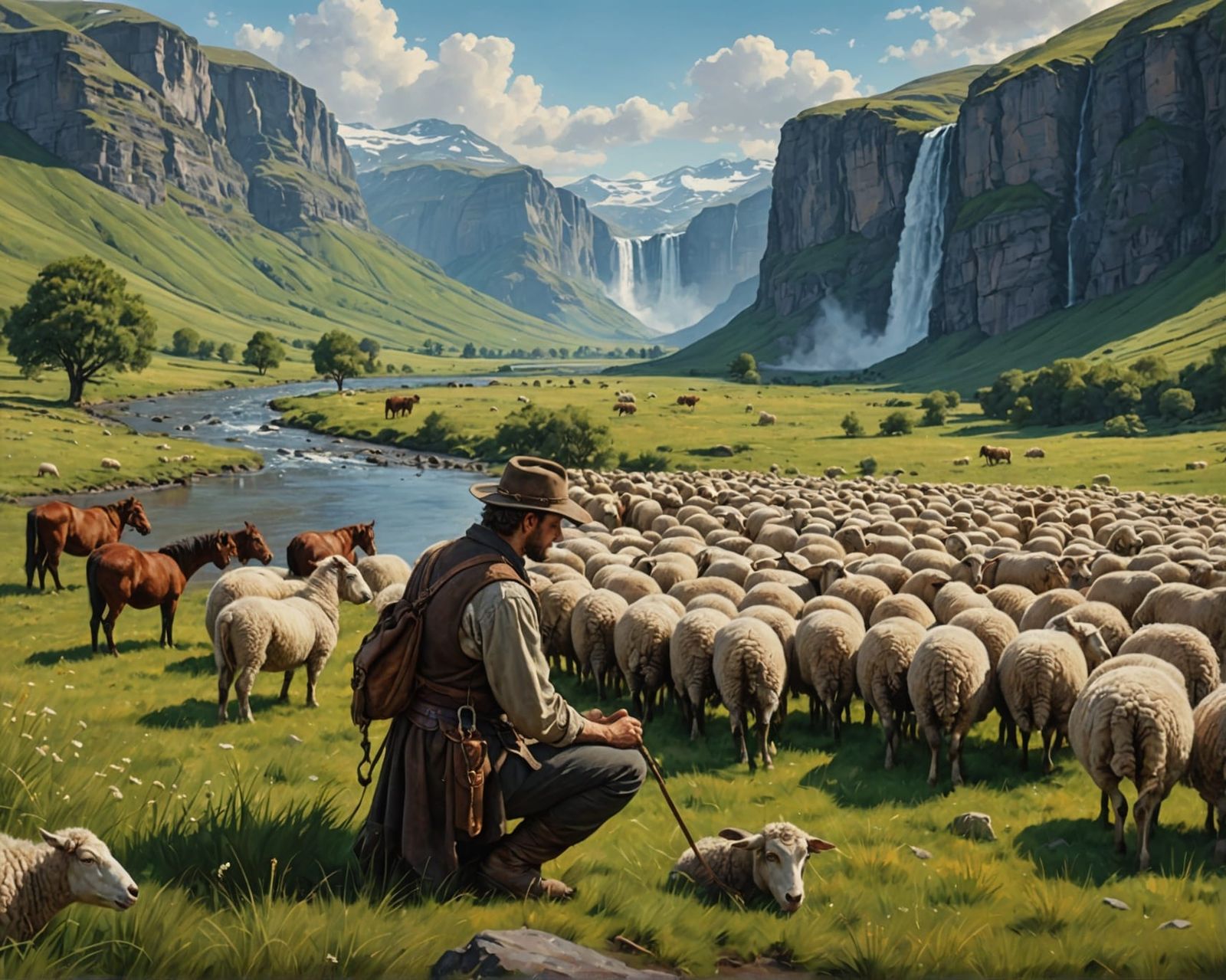 Shepherd Kneeling in a Detailed Pastoral Landscape