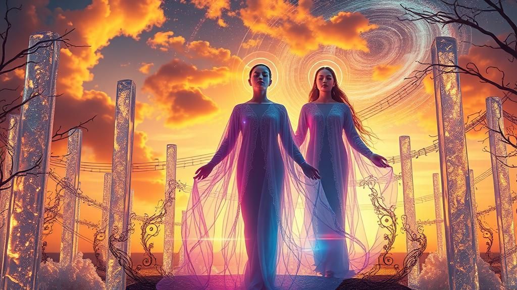 Celestial Figures in Glass Forest with Sunset Galaxy