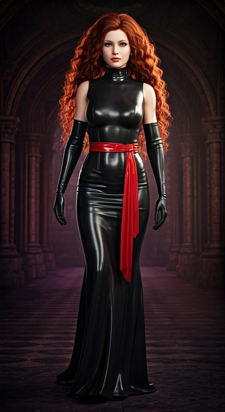 Woman in Red Rubber Gown, Dark Fantasy Art