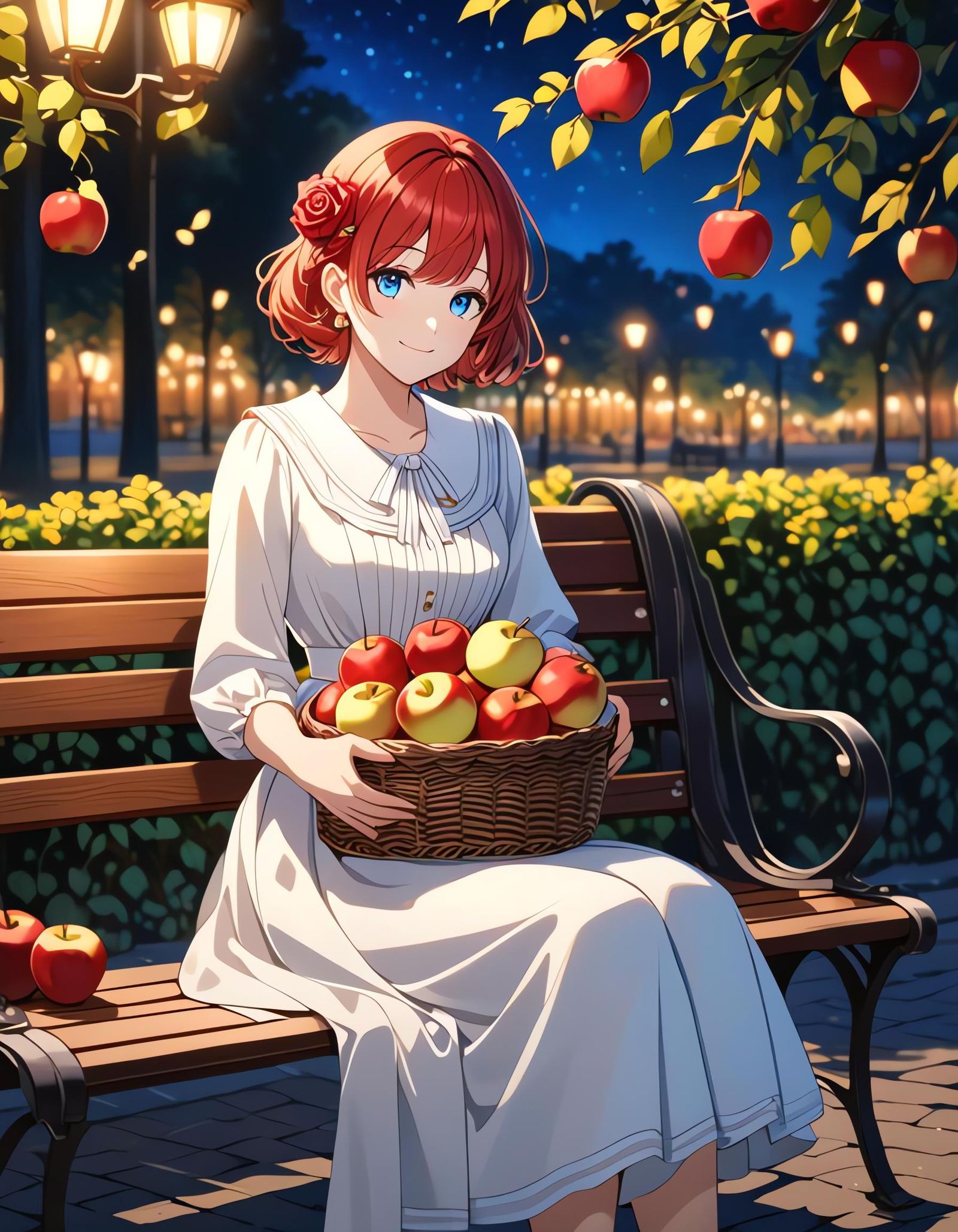 Girl with Apples in Park at Night: Cel Shading