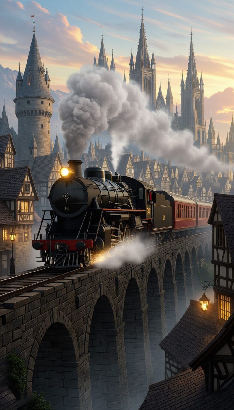 Mystical Steam Locomotive Crossing Medieval Stone Bridge