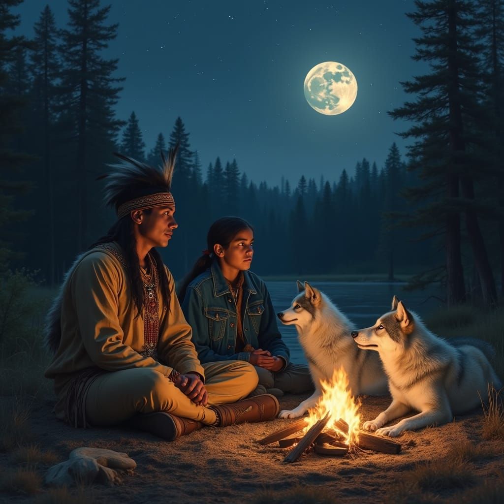 Native American Father and Son under a Full Moon