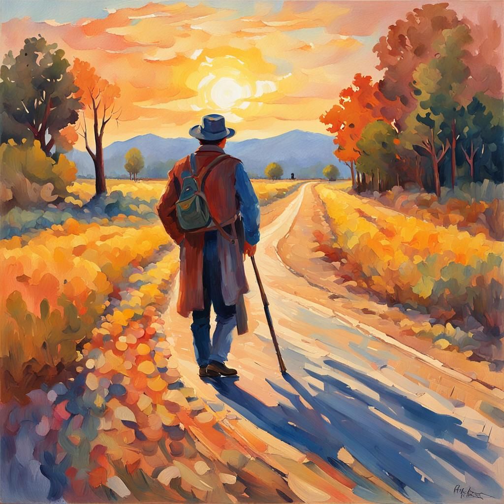 Impressionist Traveler at Crossroads in Gouache