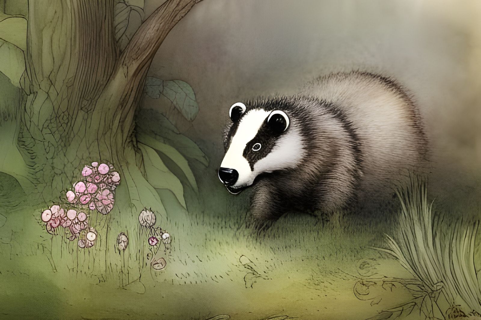 Badger and Sheep Chat: Watercolor Homestead Scene