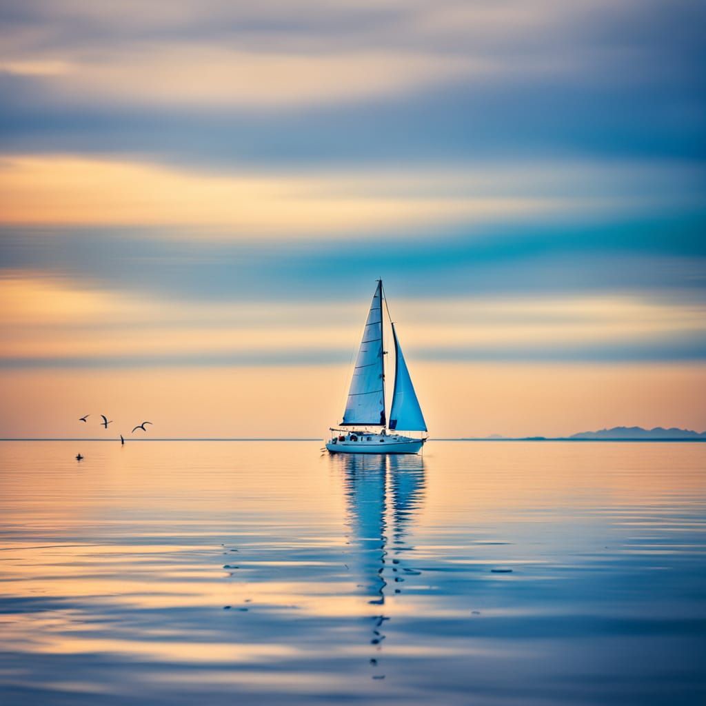 Sailboat on Calm Blue Ocean at Sunset
